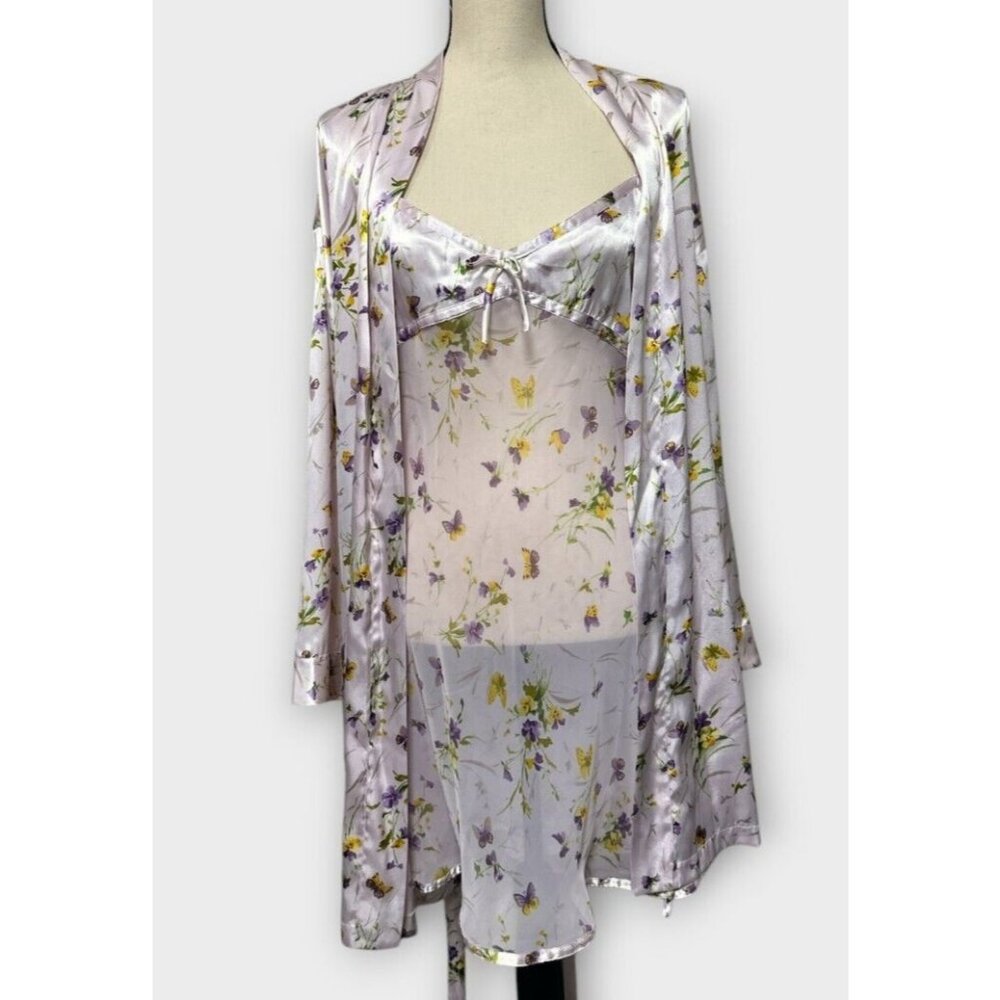 Vtg Y2K Womens 2 pc‎ Babydoll Sz Small Lilac Gown & Robe Fairy Sheer Coquette
